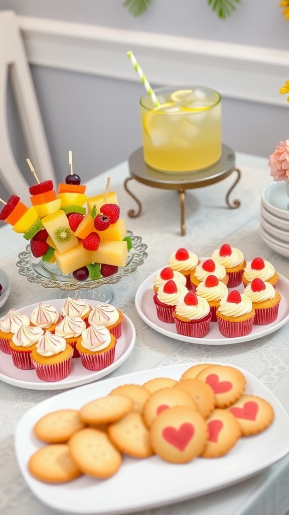 Aesthetic birthday snack table with fruit skewers, mini cupcakes, cheese and crackers, and decorative cookies.